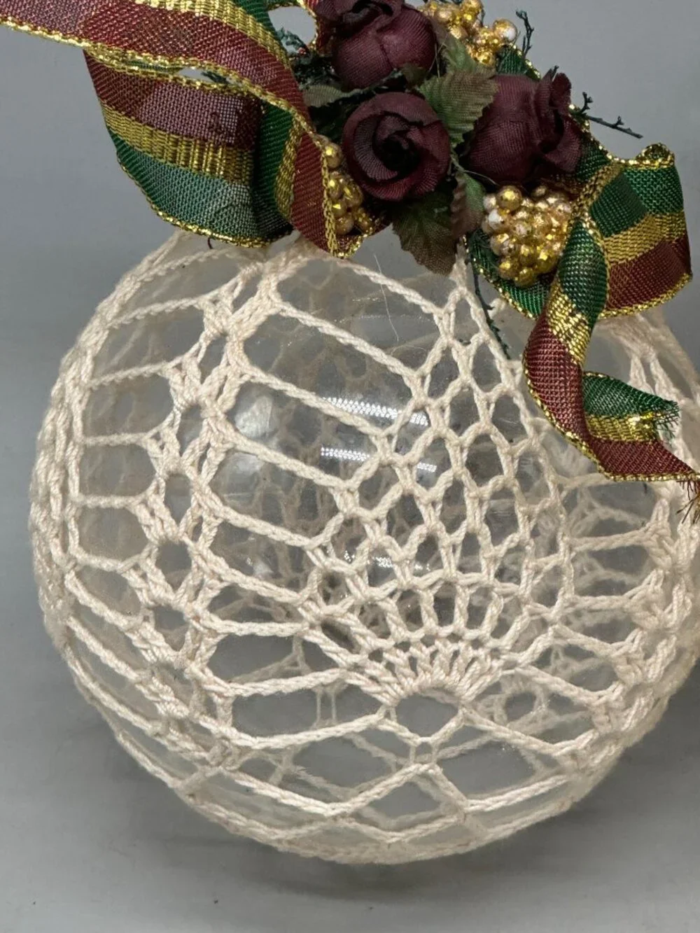 handmade Christmas bulbs ornaments set of 2 ribbon doily lace pine cones READ